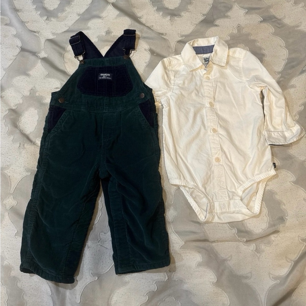 OshKosh Green/Navy Corduroy Overalls & Baby B'gosh White Onesie - 18 mos